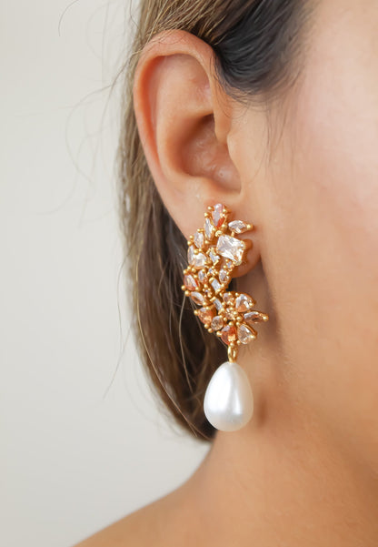 Golden Frosty Pearl Earrings with Zirconia Stones