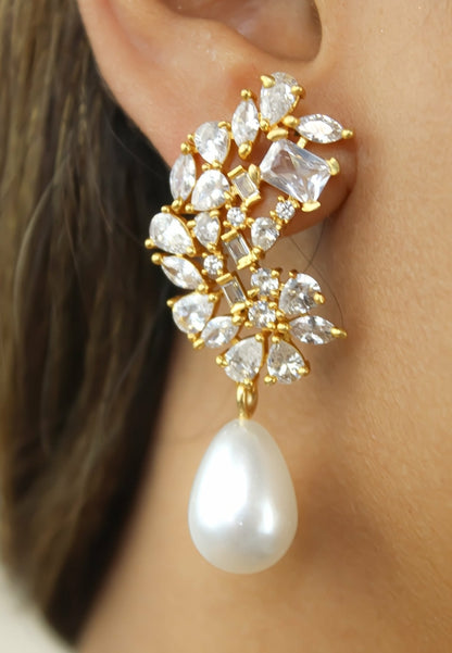 Golden Frosty Pearl Earrings with Zirconia Stones