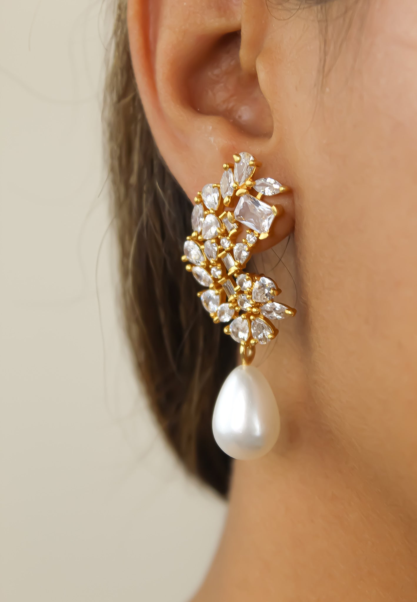 Golden Frosty Pearl Earrings with Zirconia Stones