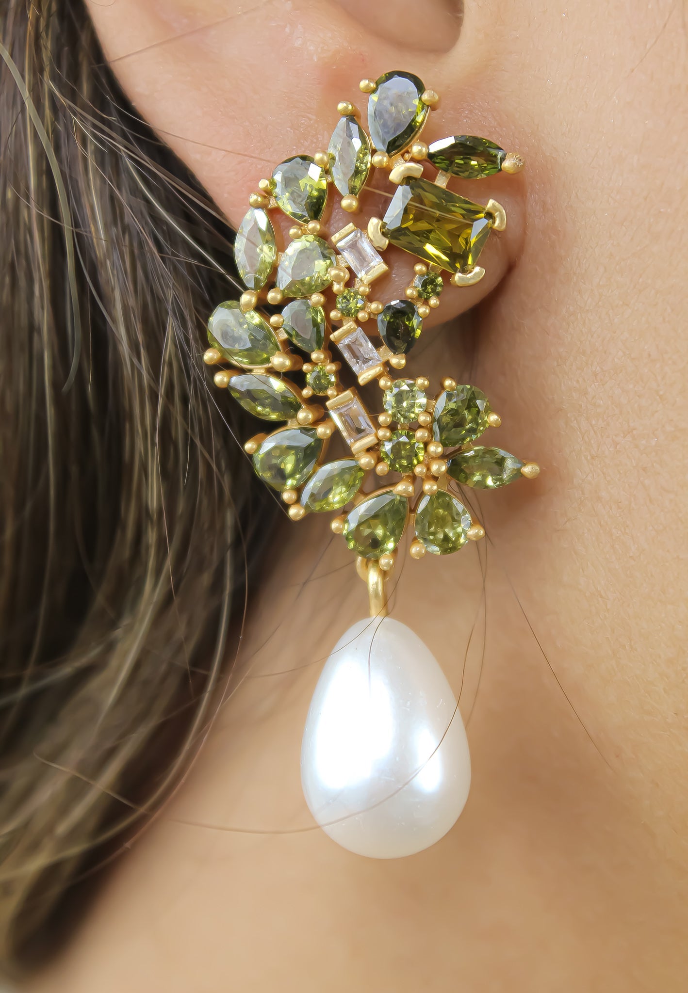 Golden Frosty Pearl Earrings with Zirconia Stones