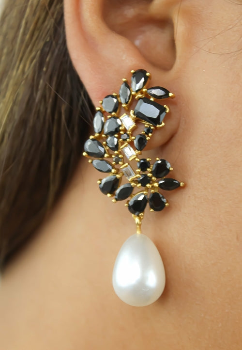 Golden Frosty Pearl Earrings with Zirconia Stones