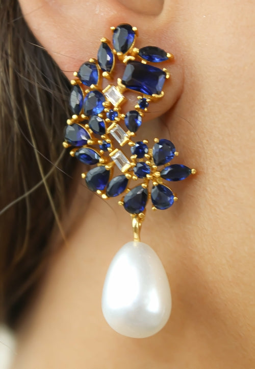 Golden Frosty Pearl Earrings with Zirconia Stones