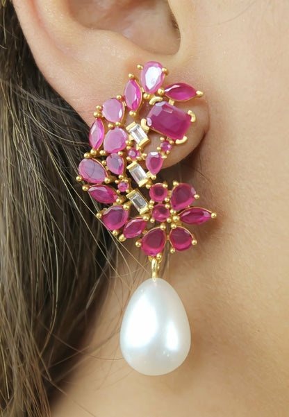 Golden Frosty Pearl Earrings with Zirconia Stones