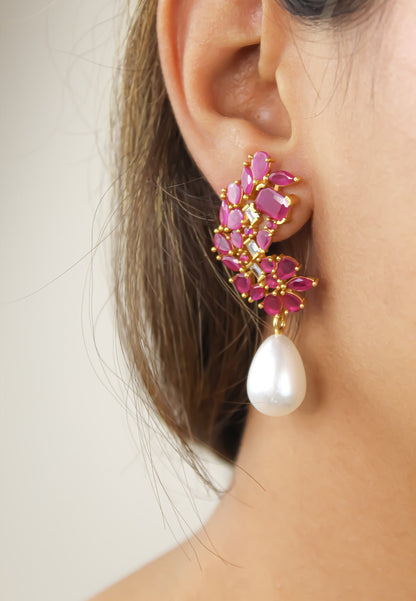 Golden Frosty Pearl Earrings with Zirconia Stones