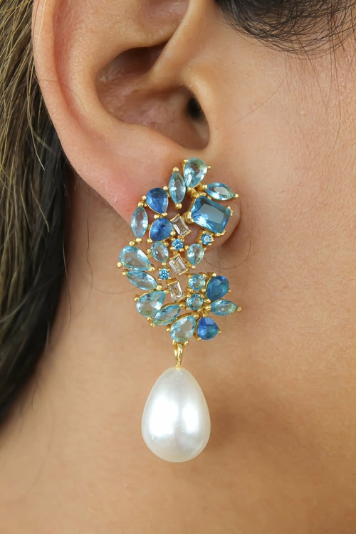 Golden Frosty Pearl Earrings with Zirconia Stones