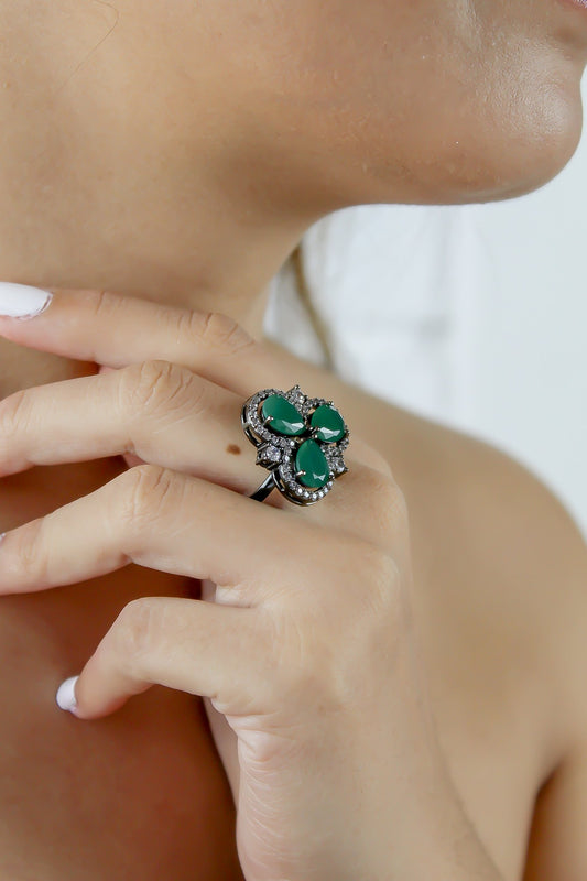 Cloverfield Ring with Colorful Zircons and Adjustable Size