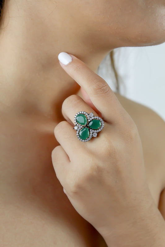 Cloverfield Ring with Colorful Zircons and Adjustable Size