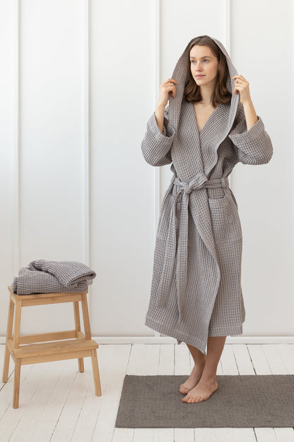 Light Grey Linen Waffle Robe With Hoodie for Ultimate Comfort