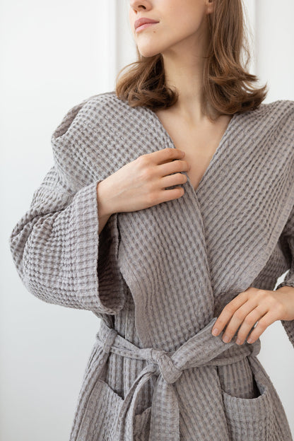 Light Grey Linen Waffle Robe With Hoodie for Ultimate Comfort