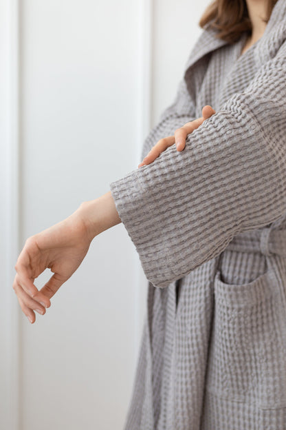 Light Grey Linen Waffle Robe With Hoodie for Ultimate Comfort