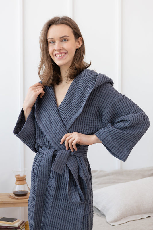 Asphalt Grey Linen Waffle Robe With Hoodie for Comfort