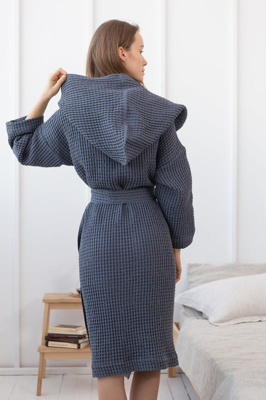 Asphalt Grey Linen Waffle Robe With Hoodie for Comfort