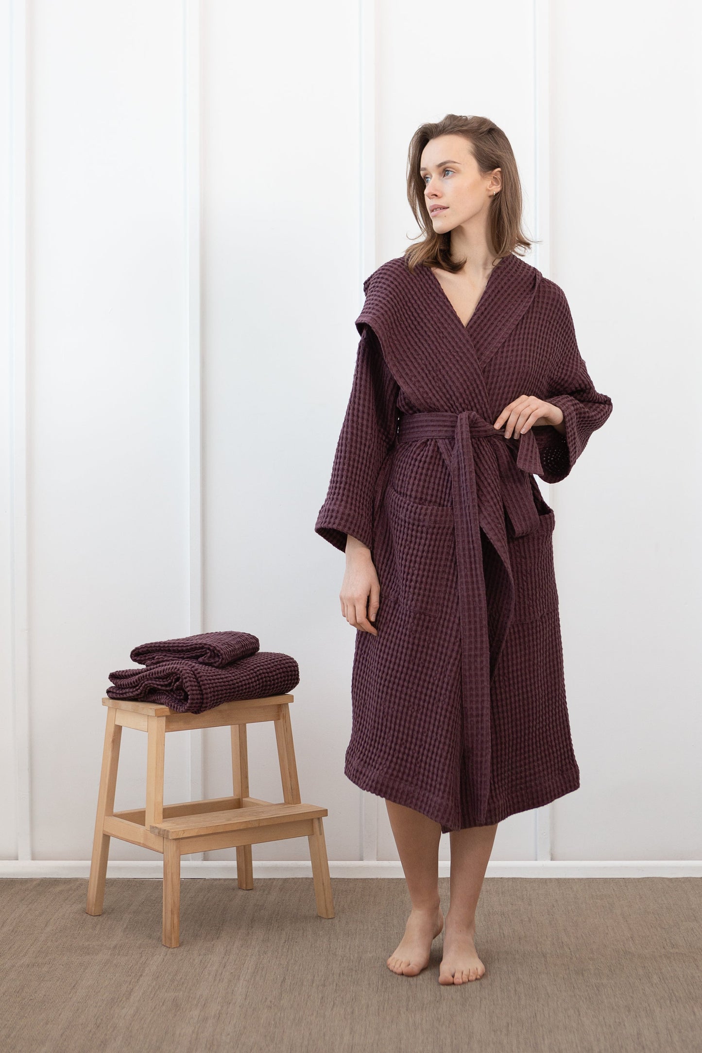 Plum Linen Waffle Robe With Hoodie for Ultimate Comfort