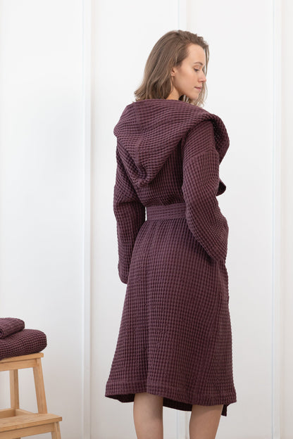 Plum Linen Waffle Robe With Hoodie for Ultimate Comfort