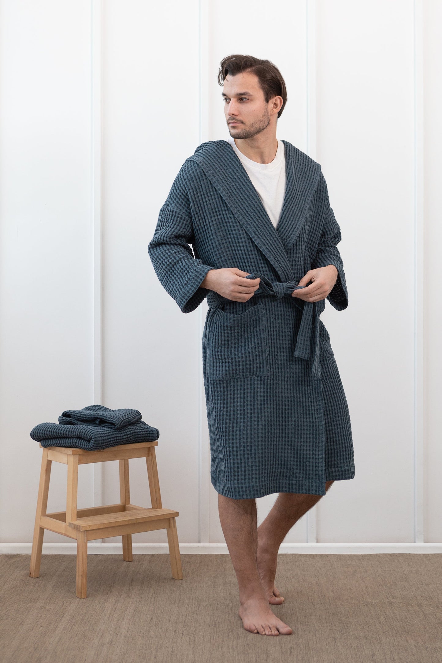 Light Grey Linen Waffle Robe With Hoodie for Ultimate Comfort