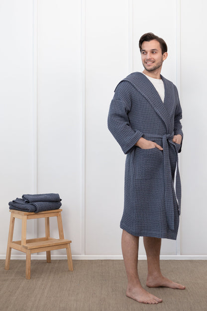 Asphalt Grey Linen Waffle Robe With Hoodie for Comfort