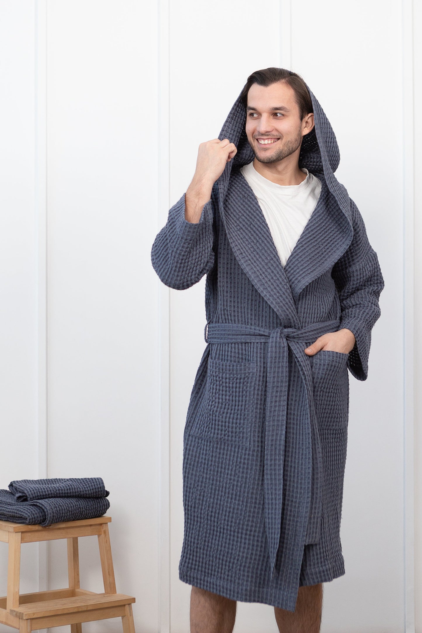 Asphalt Grey Linen Waffle Robe With Hoodie for Comfort