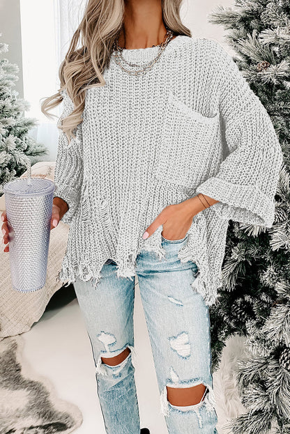 Alina Ripped Raw Hem Chunky Pullover Sweater for Style