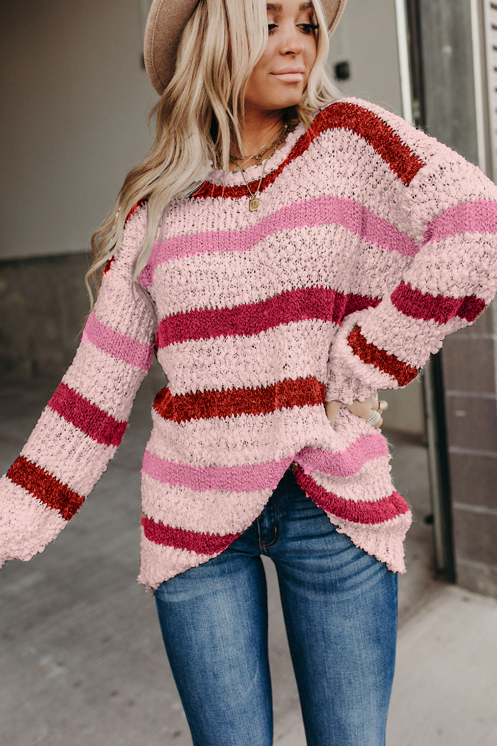 Cora Striped Popcorn Knit Sweater for Stylish Winter Wear