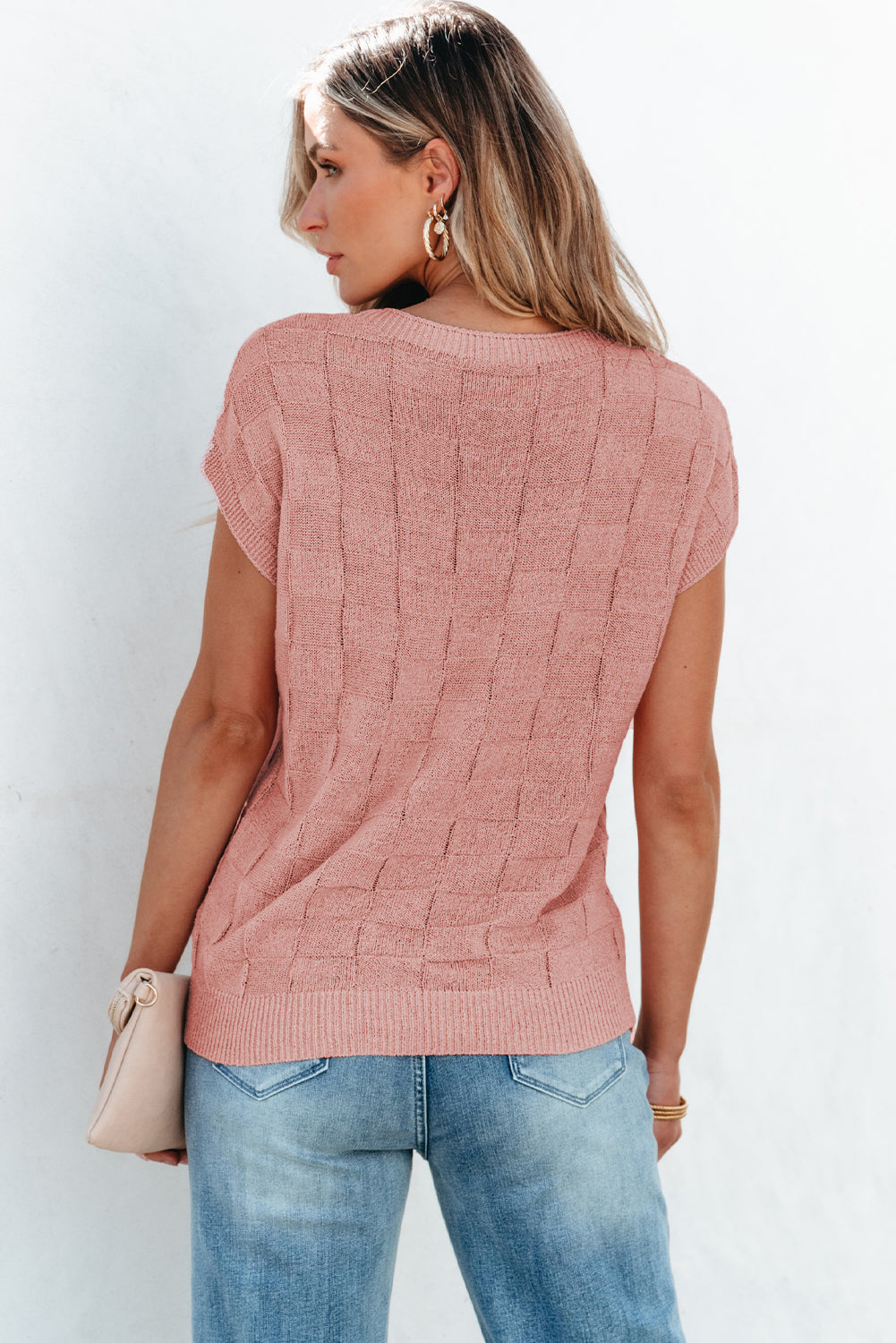 Andrea Lattice Textured Knit Short Sleeve Sweater for Everyday Style