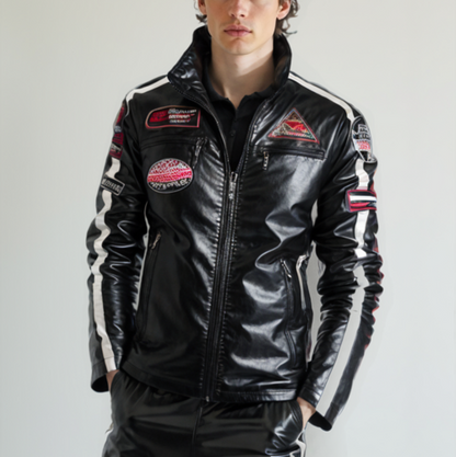 Mens Biker Vegan Leather Jacket With Badges and Faux Fur