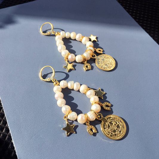 Lucky Charm Earrings with Gold Hoops and Pearls