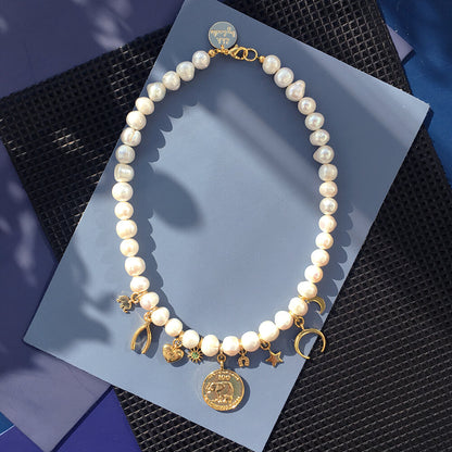 Lucky Charm Pearl Necklace with Gold Charms and Crystals