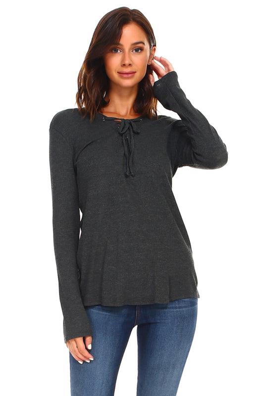 Women's Lace Up Long Sleeve Top for Effortless Style