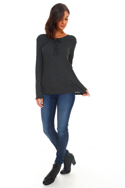 Women's Lace Up Long Sleeve Top for Effortless Style