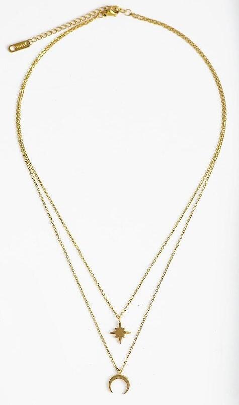 Moon and Star Layered Necklace in 14k Gold Plated Brass