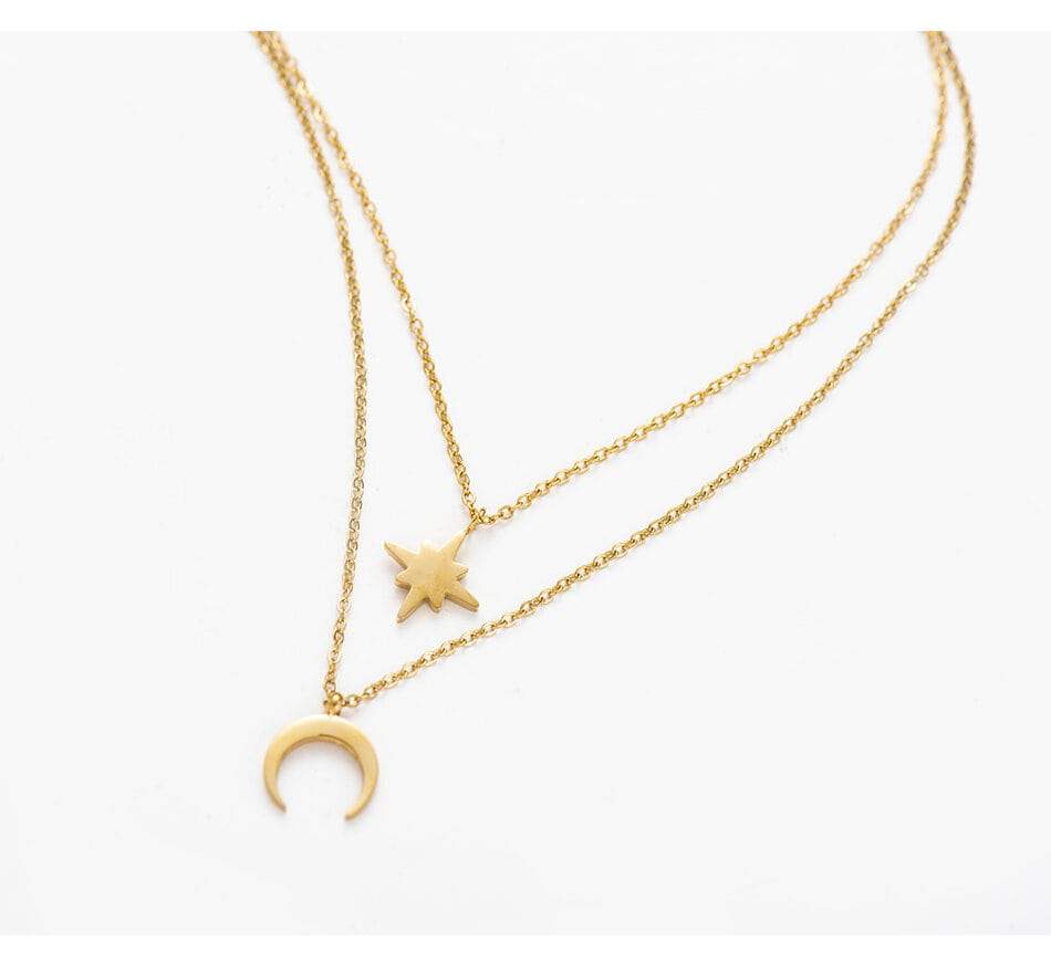 Moon and Star Layered Necklace in 14k Gold Plated Brass