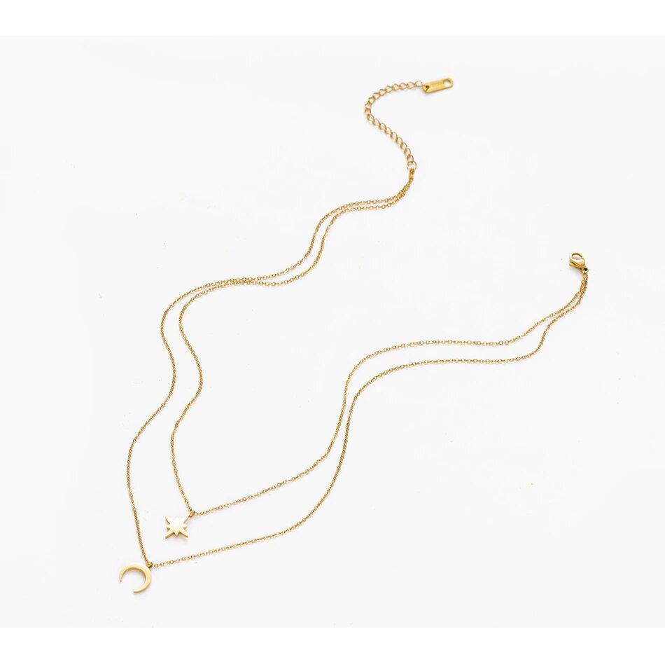 Moon and Star Layered Necklace in 14k Gold Plated Brass