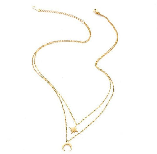 Moon and Star Layered Necklace in 14k Gold Plated Brass