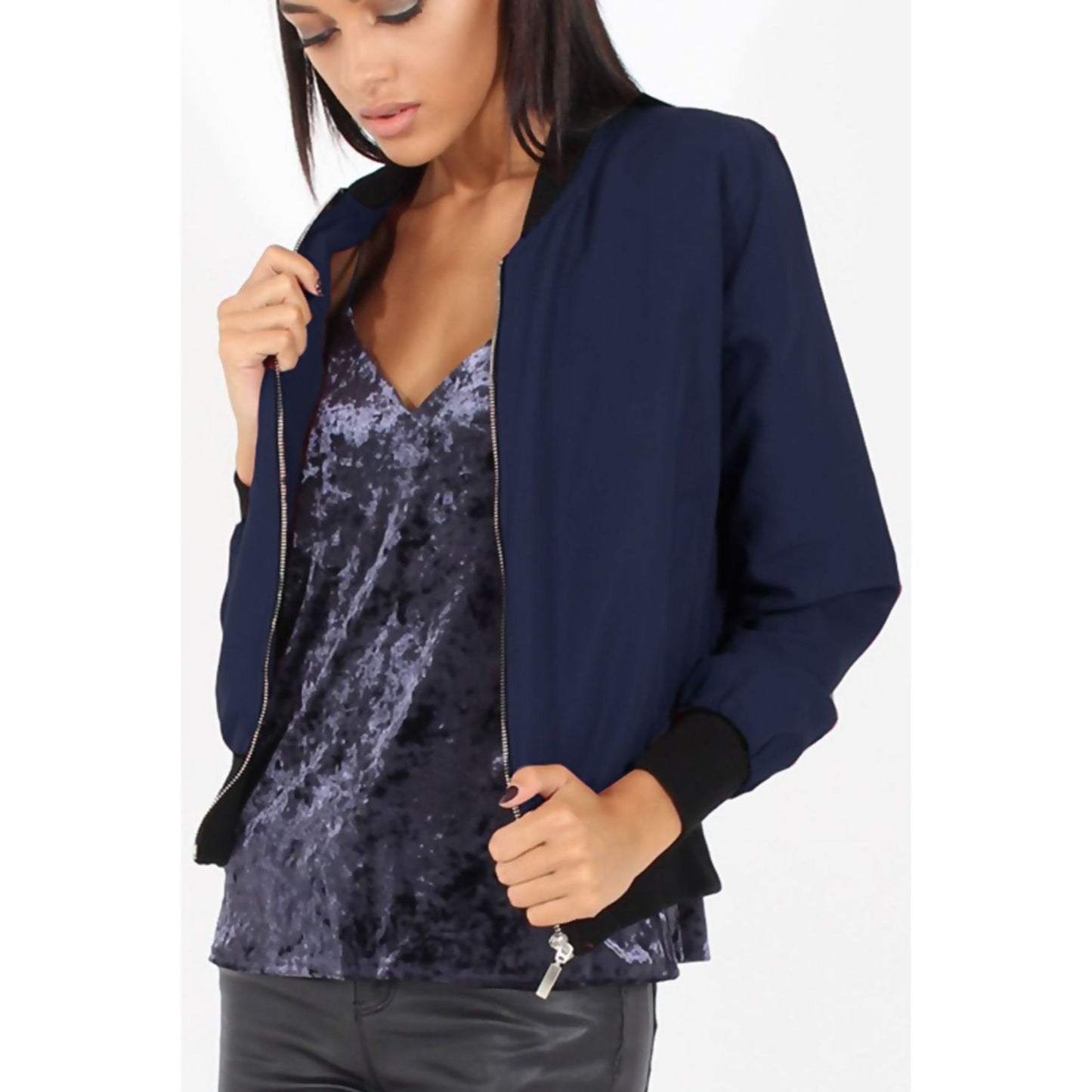 Navy Blue Bomber Jacket Womens - Classic Biker Style