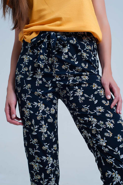 Navy Floral Pants With a Belt for Effortless Style