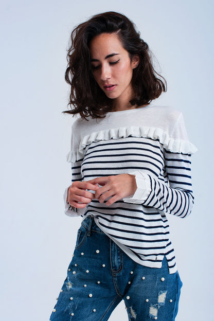 Navy Striped Sweater With Ruffles for Stylish Casual Wear