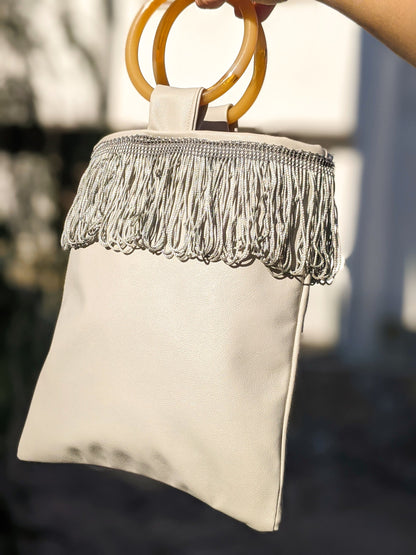 Light Grey Mini Faux Leather Bag with Amber Handles