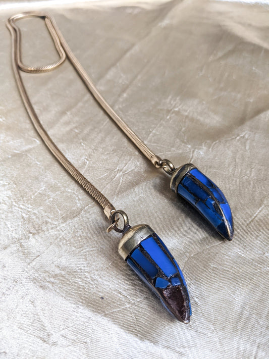 Golden Chain Wrap Necklace With Horns And Blue Accents