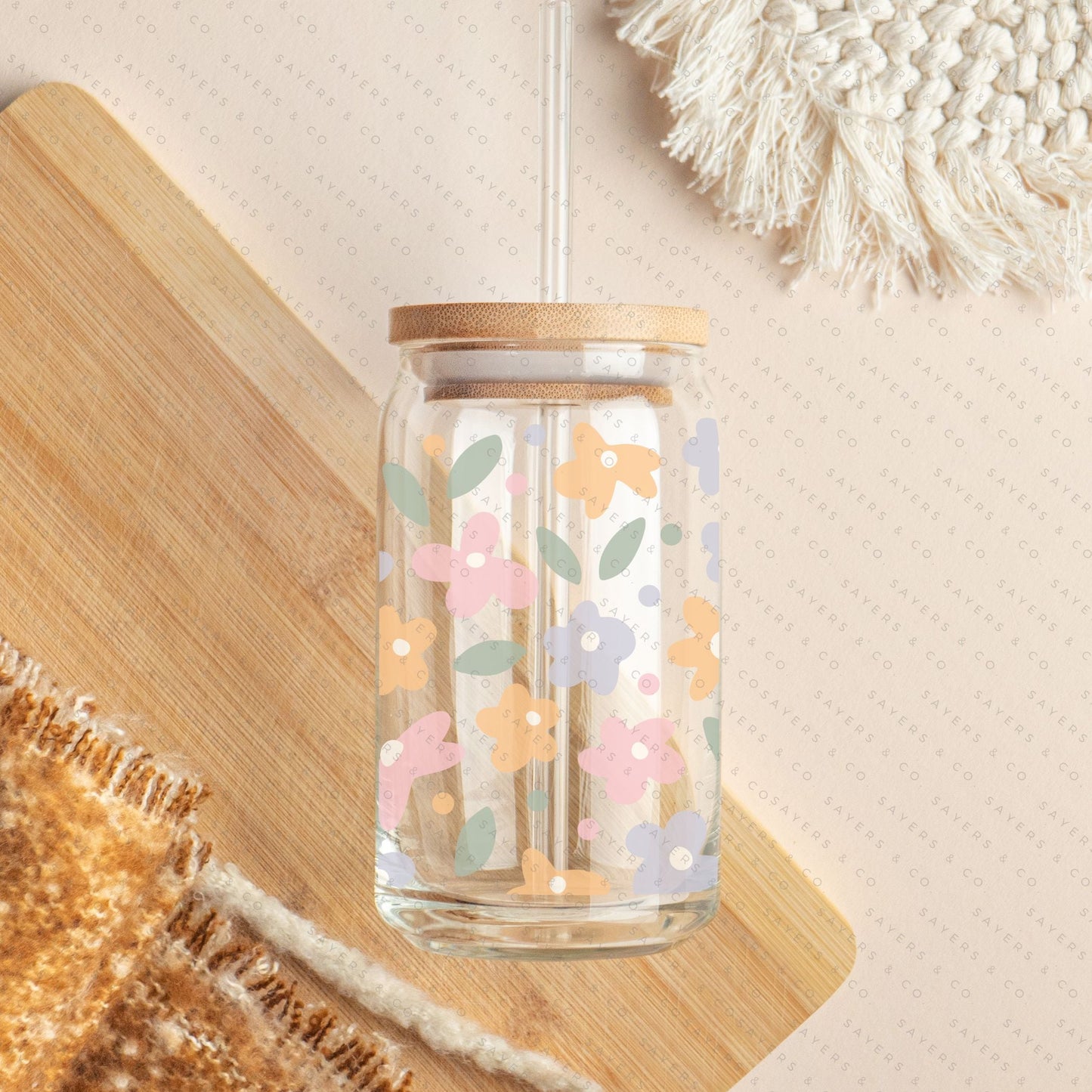 16oz Spring Pastel Petals Glass Cup with Bamboo Lid & Straw