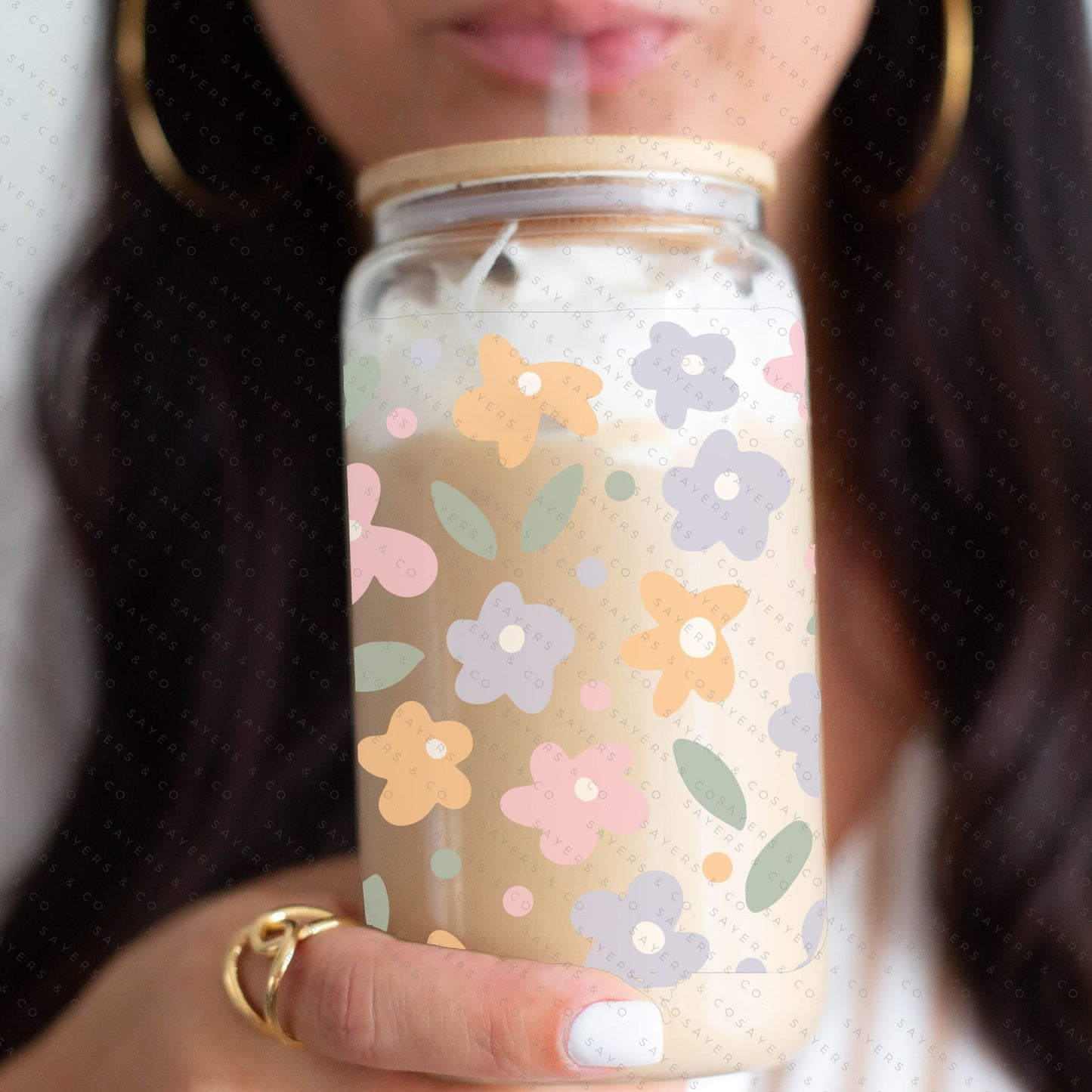 16oz Spring Pastel Petals Glass Cup with Bamboo Lid & Straw