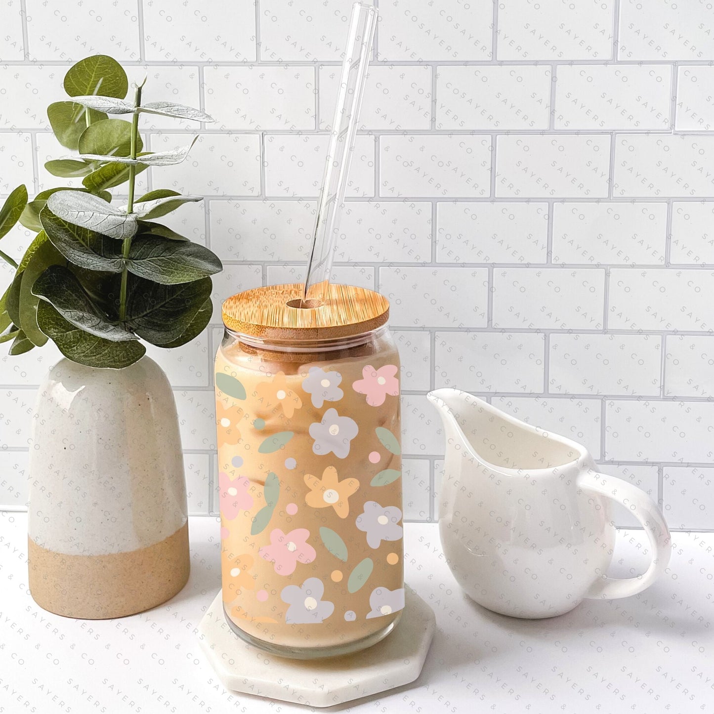 16oz Spring Pastel Petals Glass Cup with Bamboo Lid & Straw