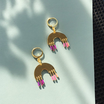 Sundown Earrings - Pink Rainbow with Gold Plated Hoops