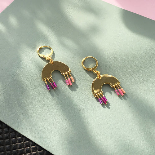 Sundown Earrings - Pink Rainbow with Gold Plated Hoops