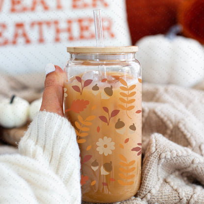 16oz Pumpkin Spiced Fall Glass Cup with Bamboo Lid & Straw