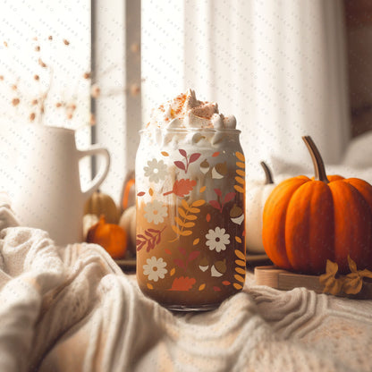 16oz Pumpkin Spiced Fall Glass Cup with Bamboo Lid & Straw