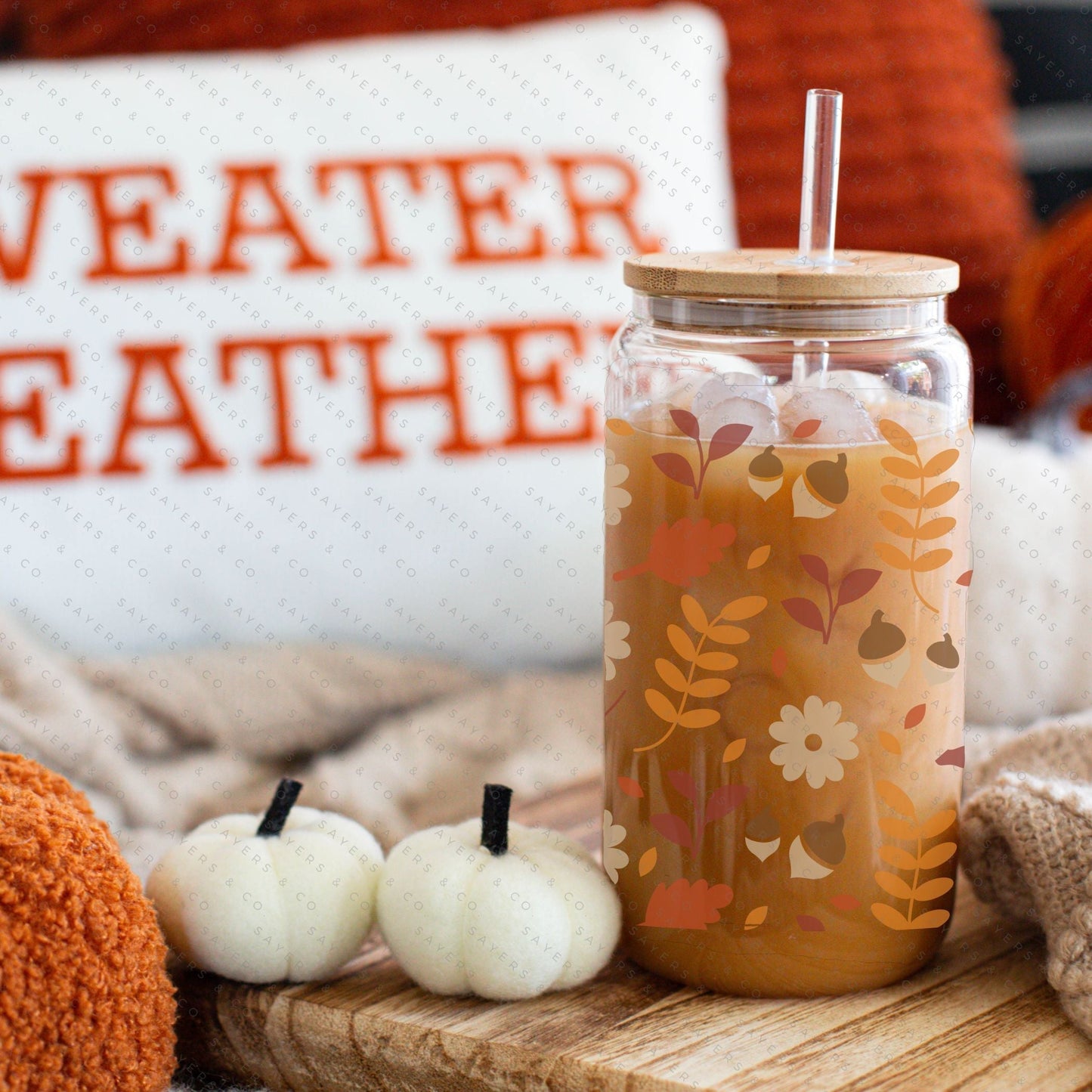 16oz Pumpkin Spiced Fall Glass Cup with Bamboo Lid & Straw