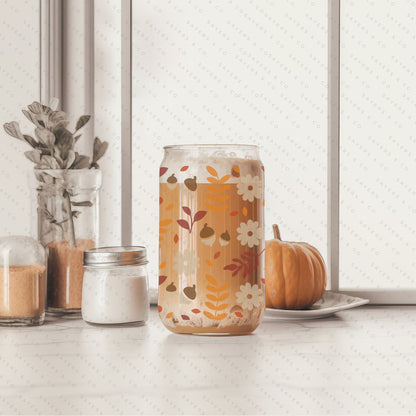 16oz Pumpkin Spiced Fall Glass Cup with Bamboo Lid & Straw