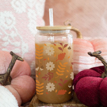 16oz Pumpkin Spiced Fall Glass Cup with Bamboo Lid & Straw