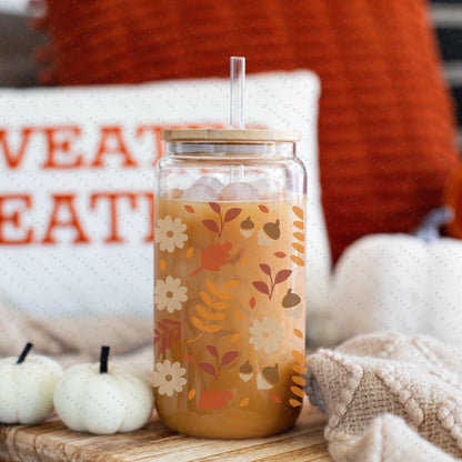 16oz Pumpkin Spiced Fall Glass Cup with Bamboo Lid & Straw