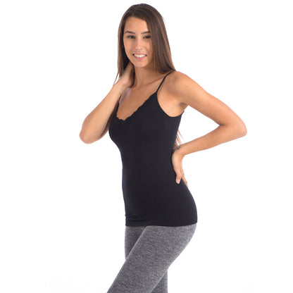 Seamless Slimming Camisole With Lace Trim Neckline - Black